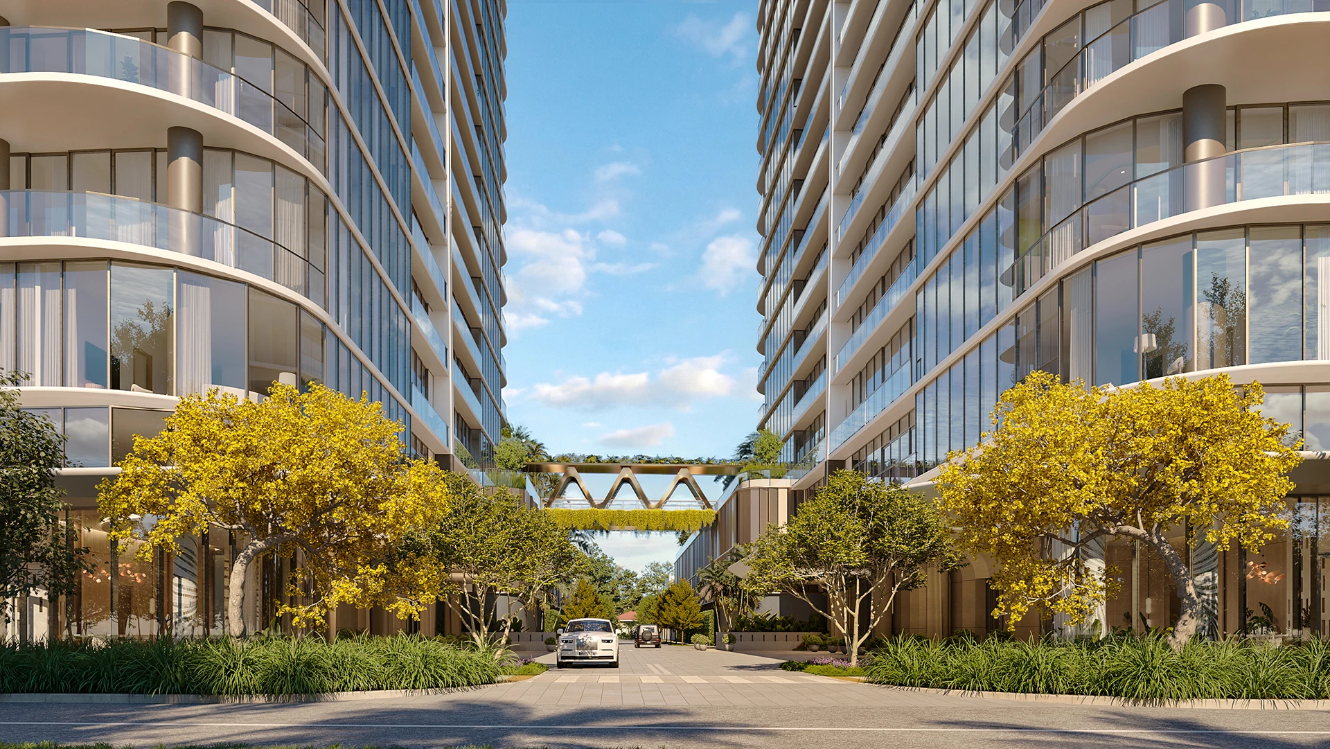 Private landscaped entrance between the residential towers at Kempinski Residences Miami Design District.