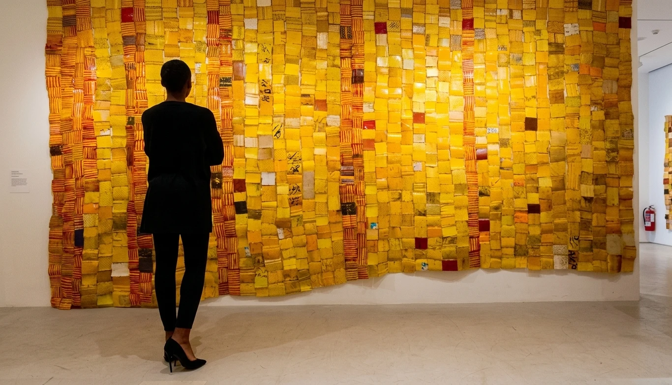 Person viewing a large contemporary yellow artwork in a gallery setting