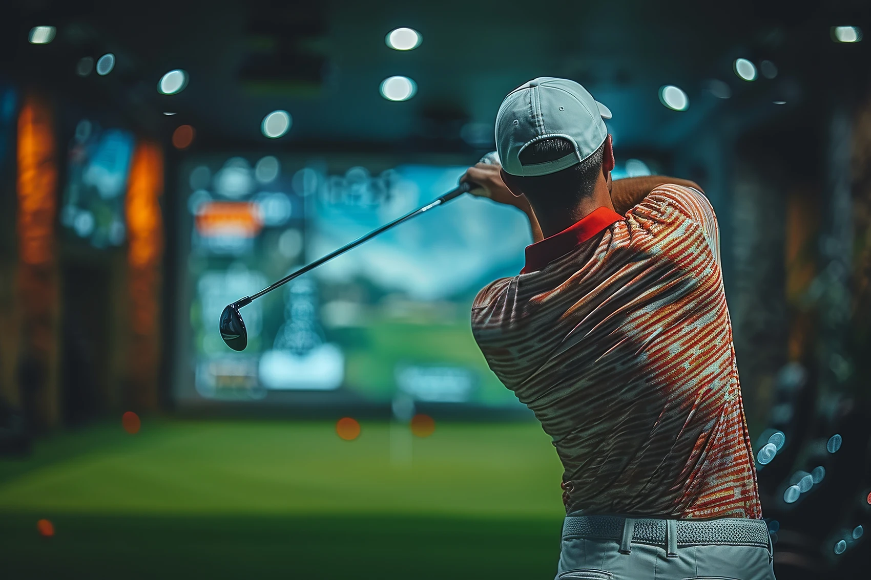 Golfer swinging a club in an indoor golf simulator with illuminated screen and lounge-style setting
