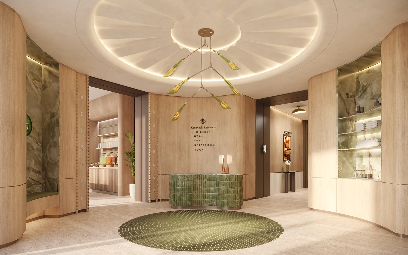 Wellness reception at Kempinski Residences Miami Design District with green tile desk, warm wood walls, and spa signage