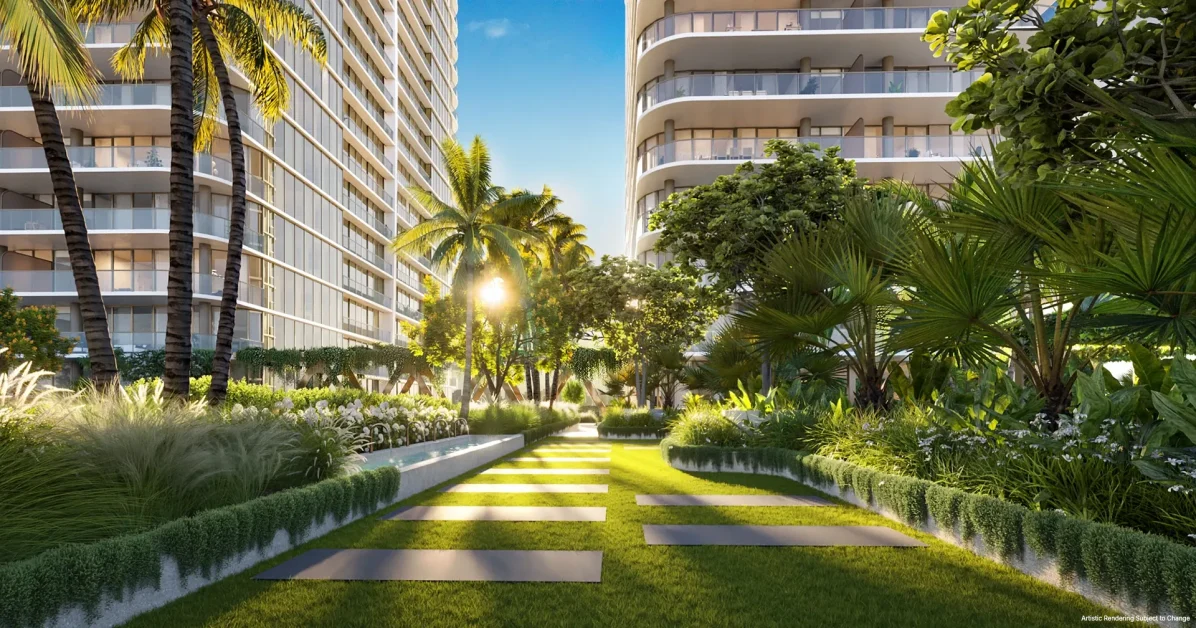 North yoga area at Kempinski Residences Miami Design District with outdoor mats, tropical landscaping, and residential towers