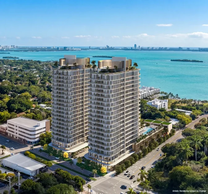 Aerial view of the twin towers at Kempinski Residences Miami Design District overlooking Biscayne Bay