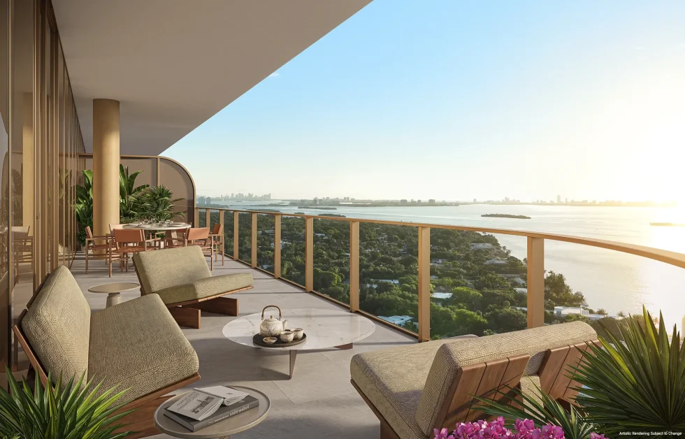 Private outdoor terrace overlooking Biscayne Bay at Kempinski Residences Miami Design District