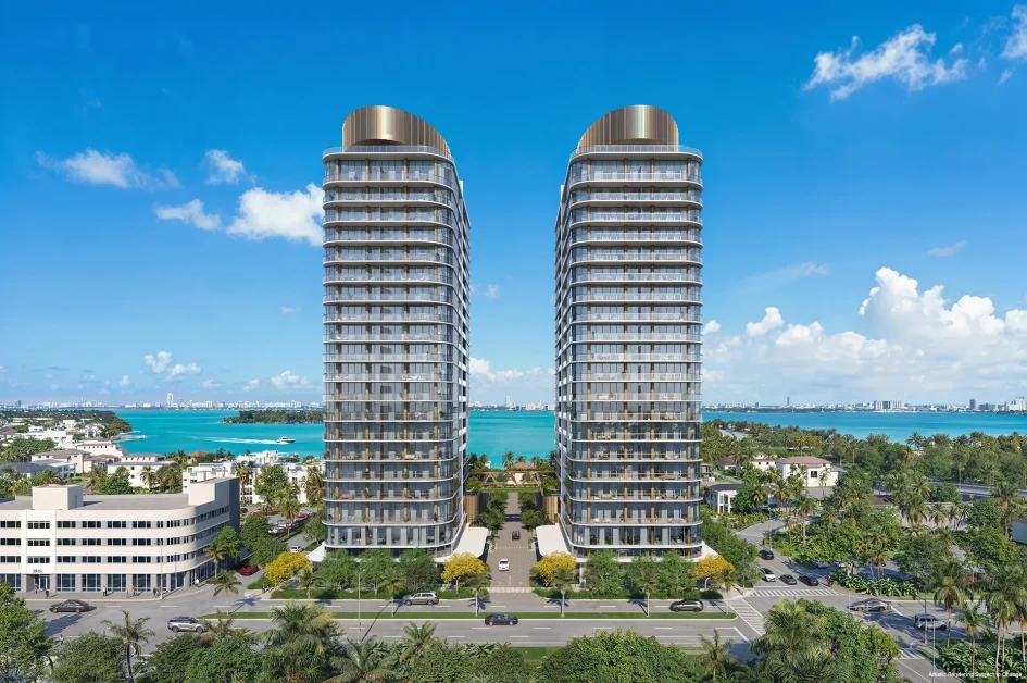 Front elevation of the twin towers at Kempinski Residences Miami Design District overlooking Biscayne Bay