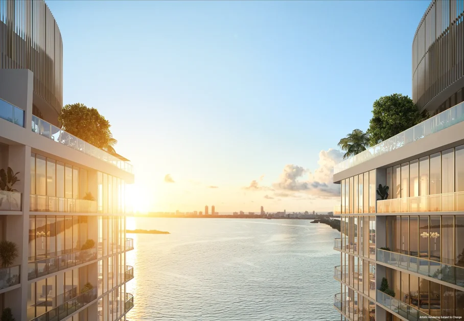 Sunrise view across Biscayne Bay framed by the twin towers at Kempinski Residences Miami Design District