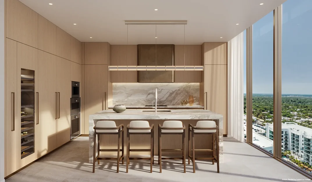 Luxury gourmet kitchen with marble island and panoramic windows overlooking Miami