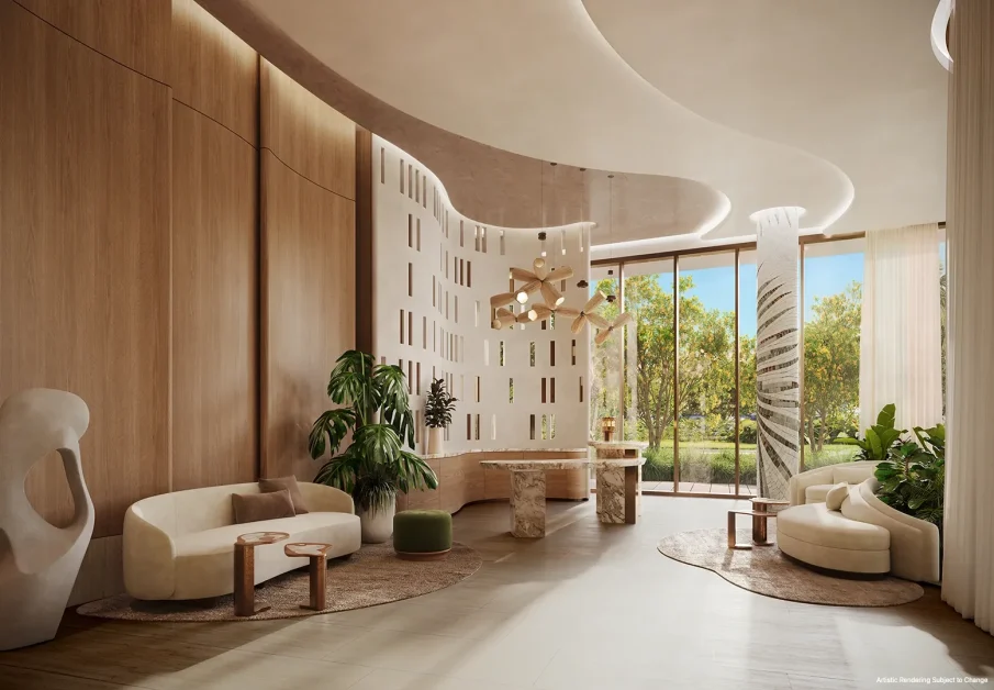 Luxury residential lobby with sculptural architecture, designer furnishings, and floor-to-ceiling garden views