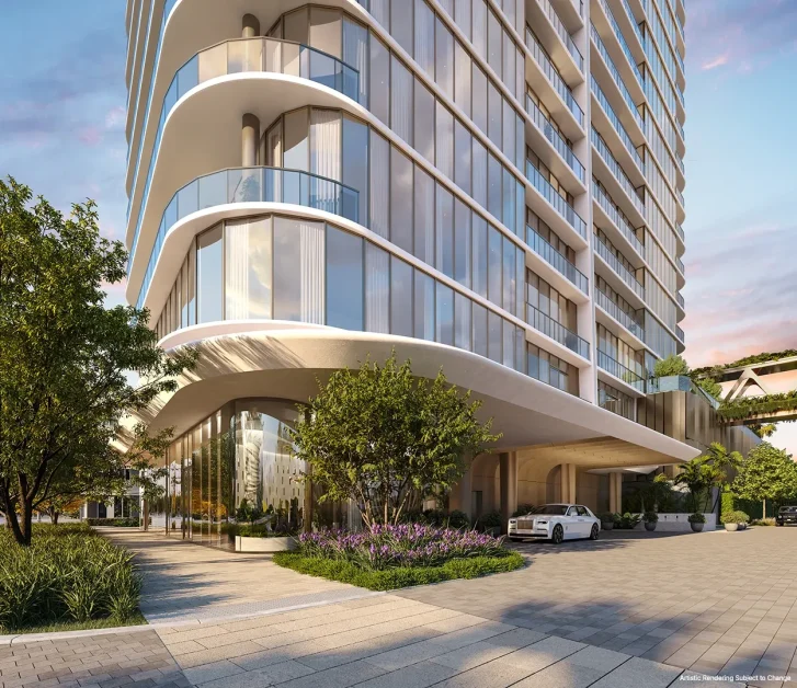 Luxury porte cochere entrance with landscaped arrival court and contemporary residential architecture