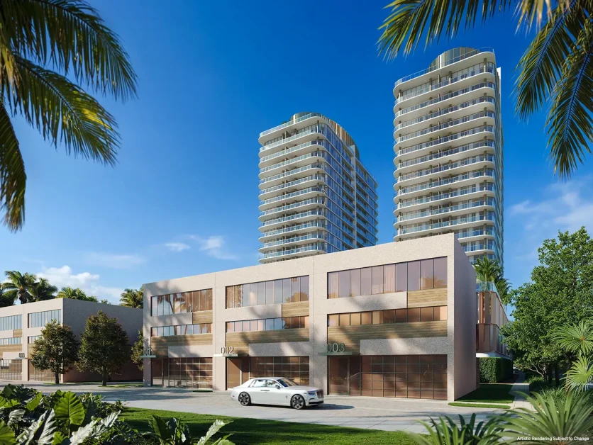 Luxury townhomes beneath the twin towers at Kempinski Residences Miami Design District.