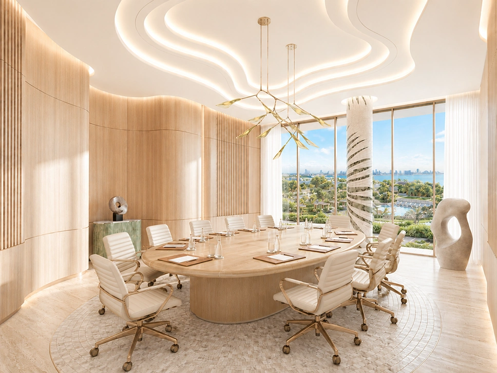 Luxury boardroom with oval table, white chairs, sculptural ceiling lighting, and panoramic waterfront views.