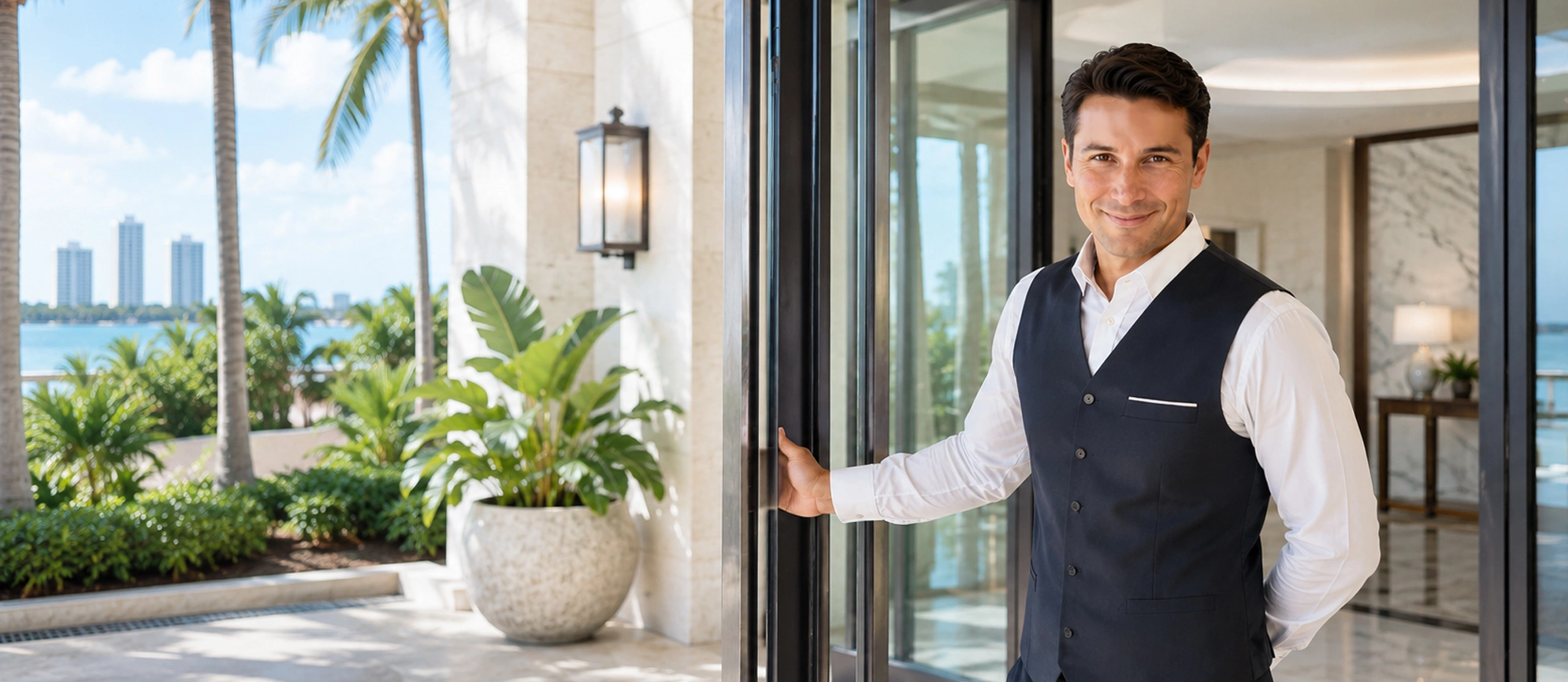 Hotel concierge welcoming guests at a luxury waterfront hotel entrance.