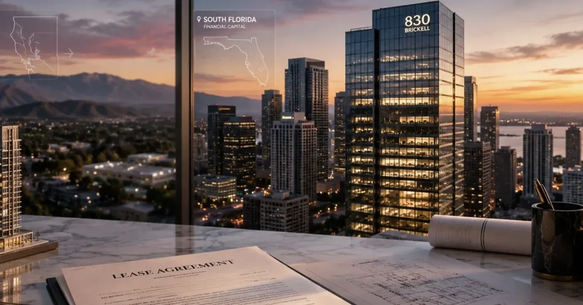 A lease agreement and architectural plans rest on a marble desk overlooking 830 Brickell, South Florida's premier financial district skyscraper at sunset.