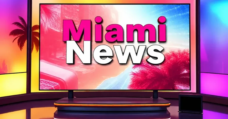 Miami News broadcast studio display screen with vibrant neon pink and purple lighting, palm trees, and bold colorful typography in a modern TV set.