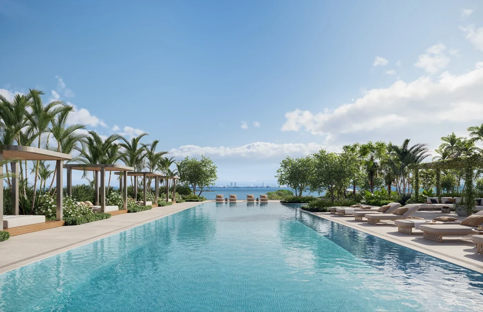 Resort-style north pool with cabanas and tropical landscaping at Kempinski Residences Miami Design District.