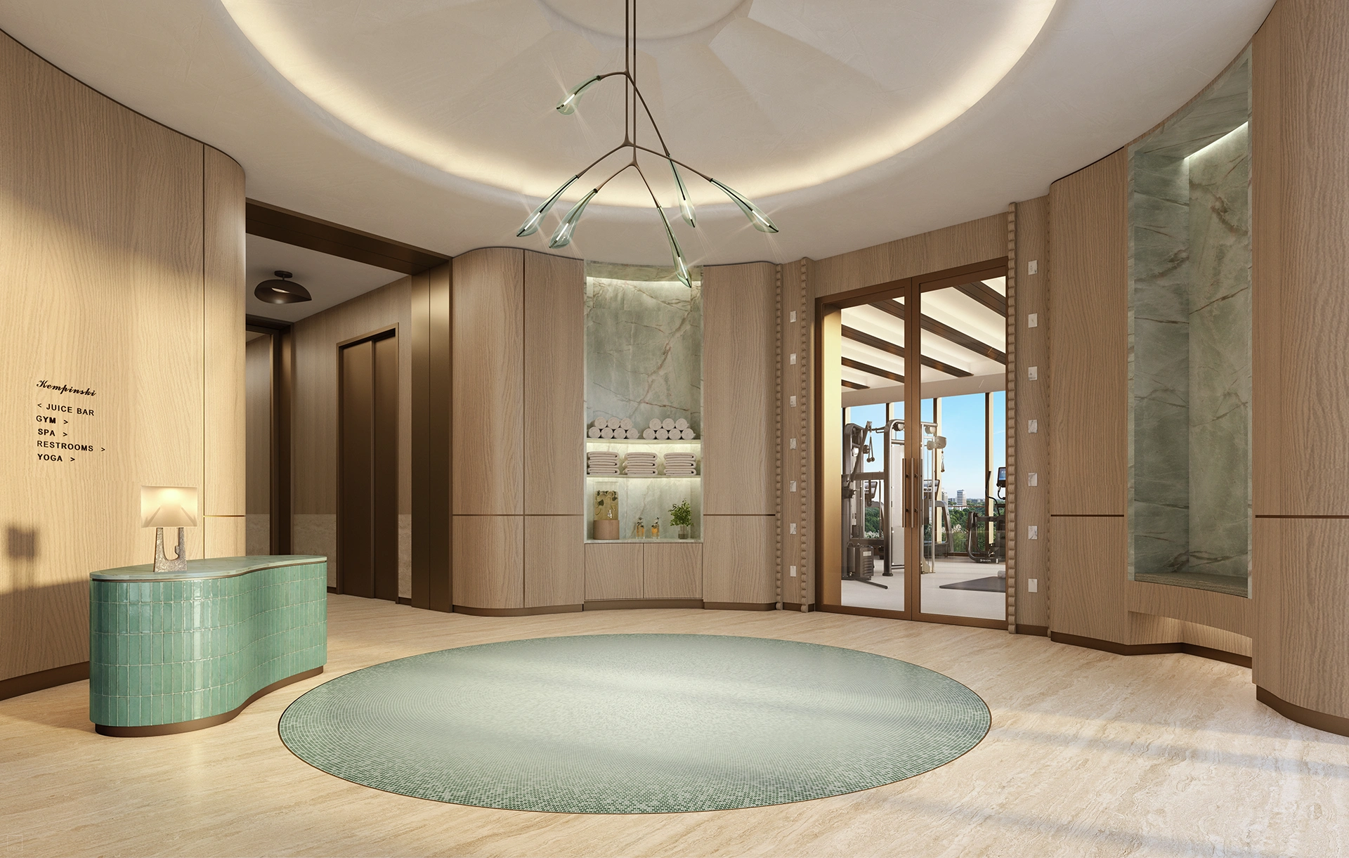 Wellness reception at Kempinski Residences Miami Design District with green tile desk, warm wood walls, and spa signage