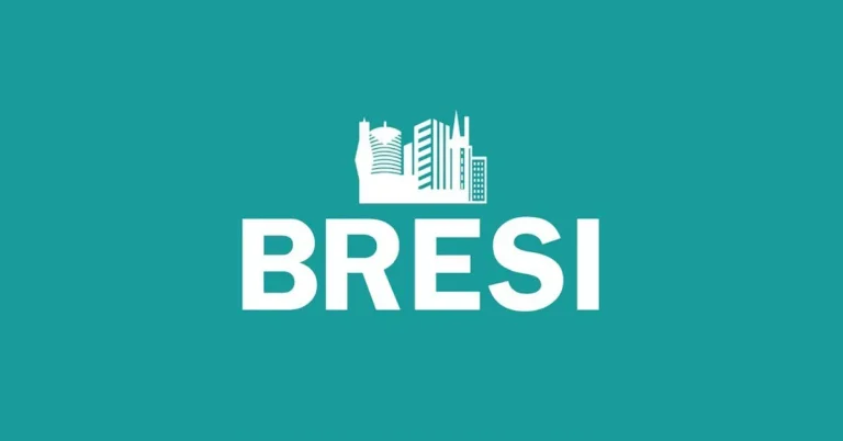 White BRESI real estate logo featuring a city skyline silhouette on a teal background, representing professional property services.