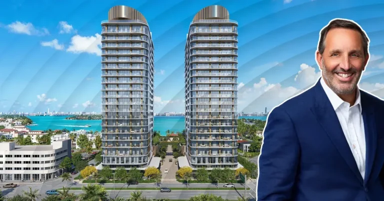 Two luxury residential towers rise above Miami Beach's bayfront skyline alongside a smiling real estate developer in a navy blazer.