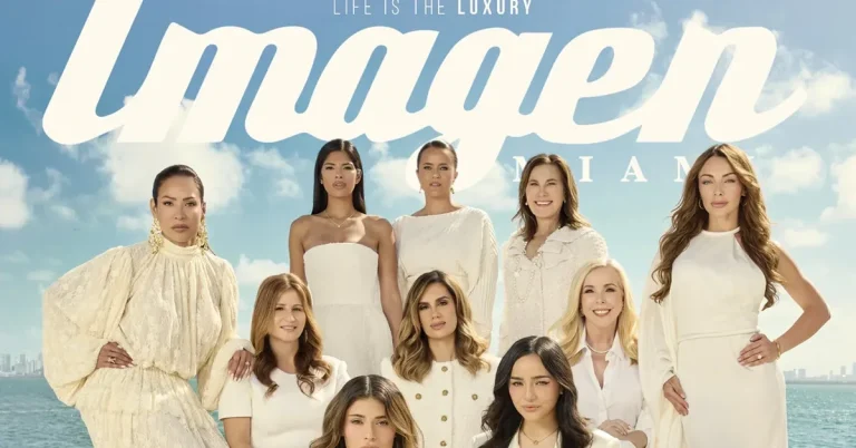 Group of elegantly dressed women in white attire pose for Imagen Miami magazine cover with the tagline "Life is the Luxury" against a Miami skyline backdrop.