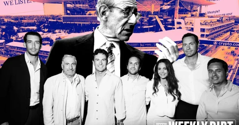 Group of Miami real estate professionals posed at Hard Rock Stadium during Formula 1 race season, featured in The Weekly Dirt Miami.