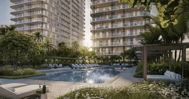 Luxury high-rise residential towers overlook a resort-style pool surrounded by lush tropical landscaping, lounge chairs, and elegant cabanas at golden hour.