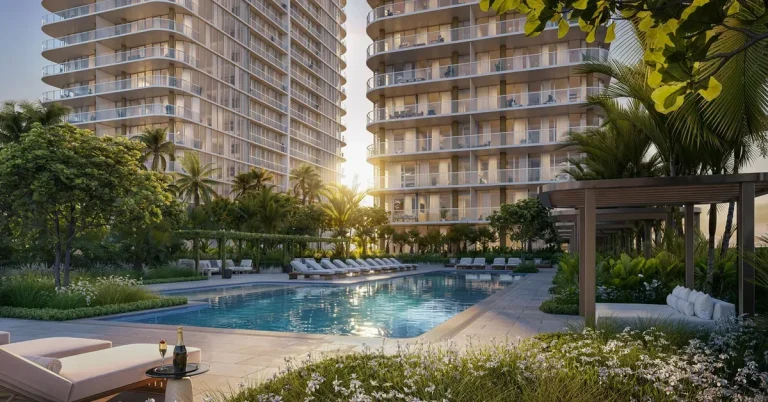 Luxury high-rise residential towers flank a serene resort-style pool surrounded by lush tropical landscaping and elegant sun loungers at golden hour.