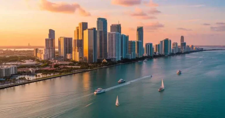 Aerial sunset view of Miami's downtown skyline with luxury yachts and sailboats gliding through Biscayne Bay's turquoise waters.