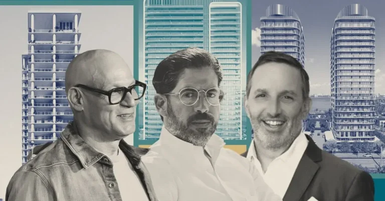 Three real estate developers posed before architectural renderings of luxury high-rise condominium towers in a Miami waterfront development project.